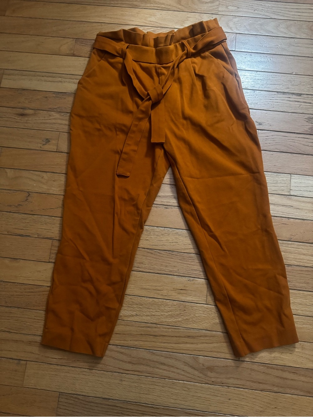 High-Rise Paperbag Trousers with Tie Belt in Rust Orange